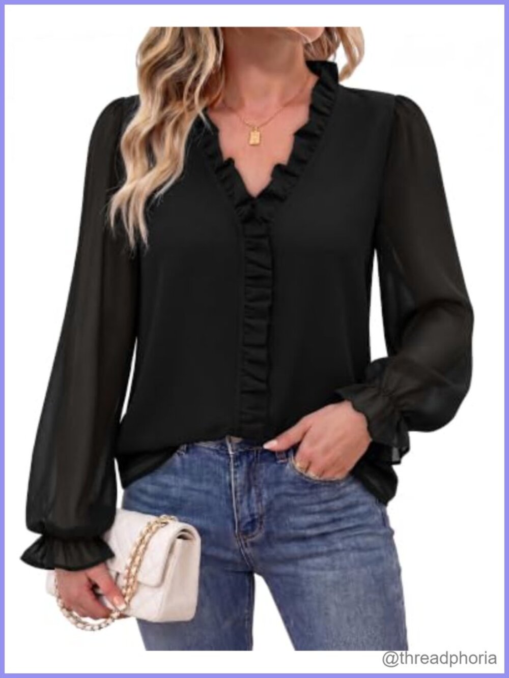 Womens Long Sleeve Chiffon Blouse Ruffle V-Neck Office Top